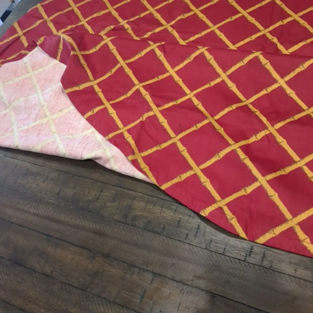Vtg MCM Tablecloth Cotton 71” Round Cohama Pomp Ano Fabric Homemade Bamboo Rust